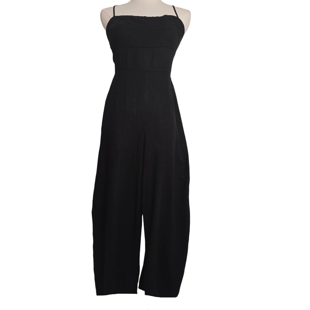 Black Wide Leg Spaghetti‎ Strap Tie Back Cutout Jumpsuit linen minimalist L HGS